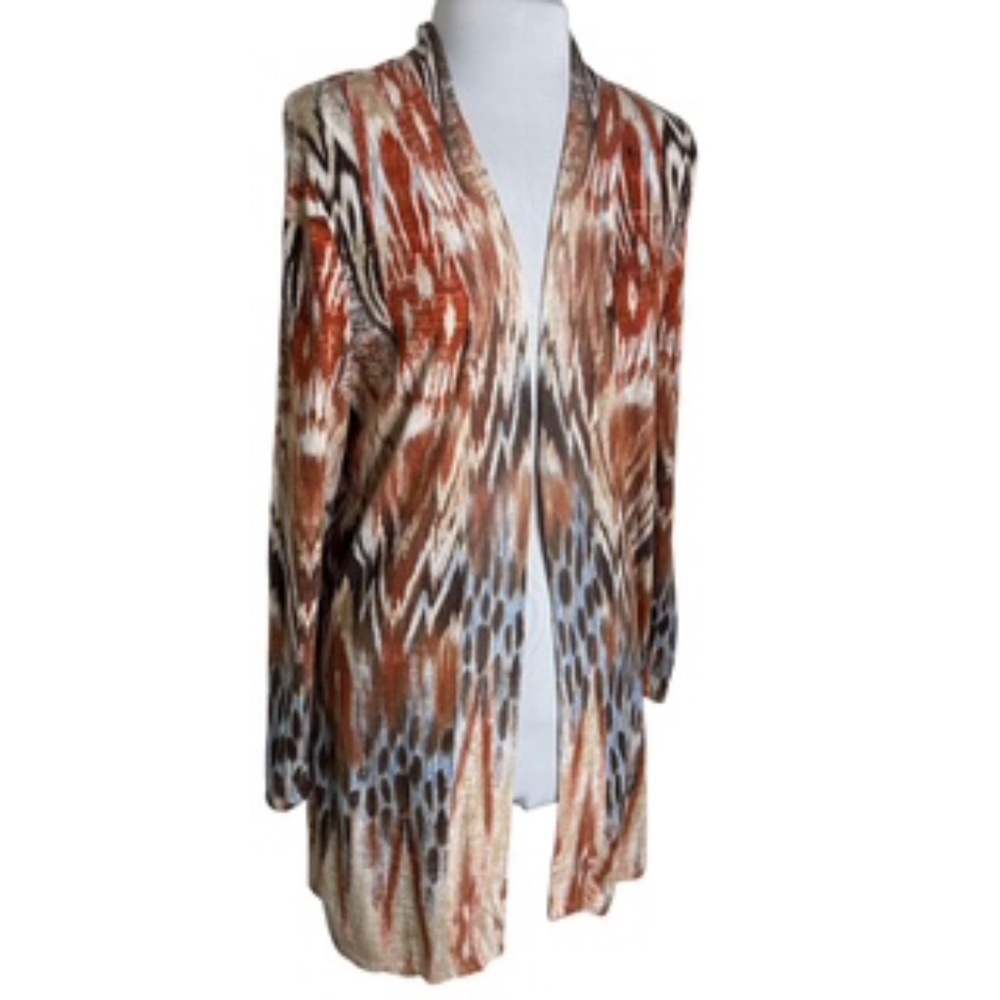 Chico's Tunic Length Multi-Colored Open Front Abstract Long Slv Cardigan Sz 2 - Picture 3 of 9